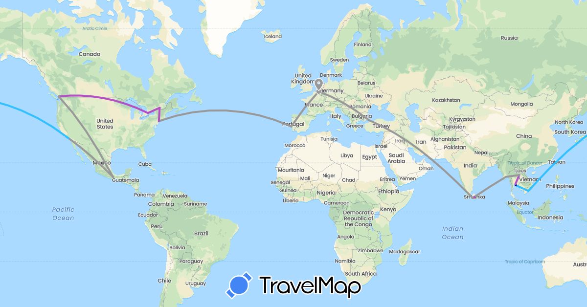 TravelMap itinerary: driving, plane, train, boat in Belgium, Canada, Laos, Sri Lanka, Myanmar (Burma), Mexico, Portugal, Thailand, Turkey, United States, Vietnam (Asia, Europe, North America)