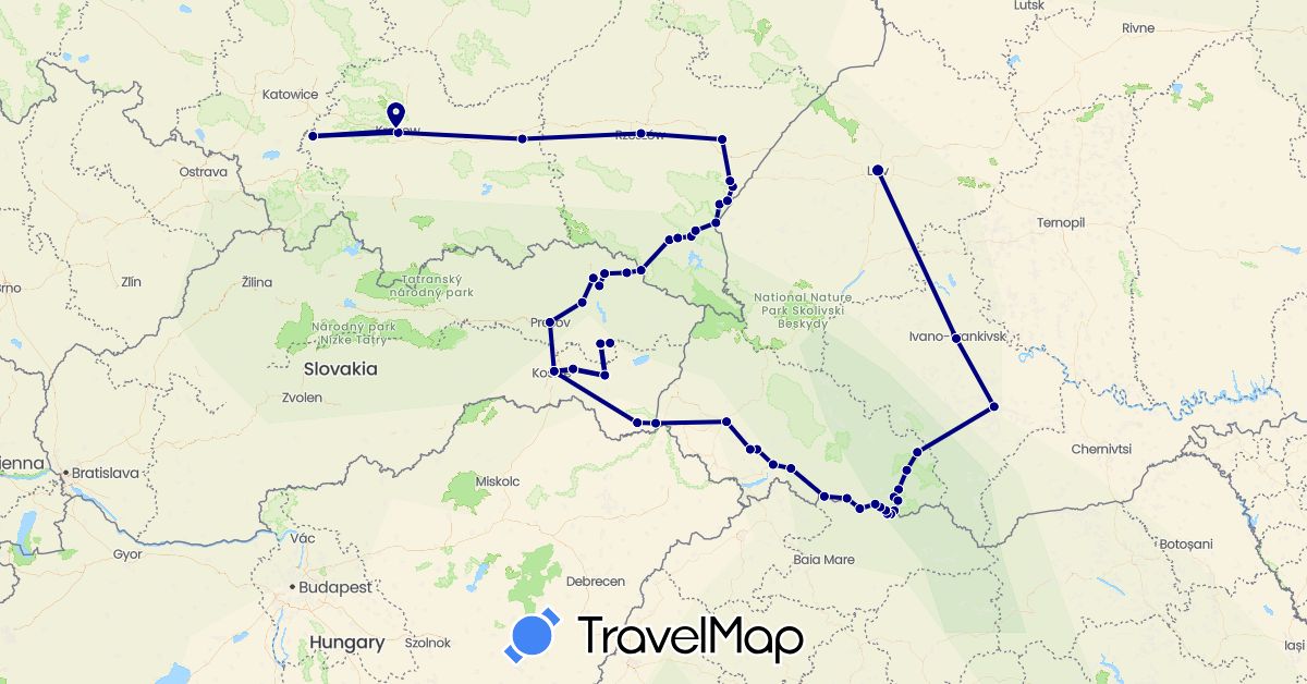 TravelMap itinerary: driving in Poland, Slovakia, Ukraine (Europe)